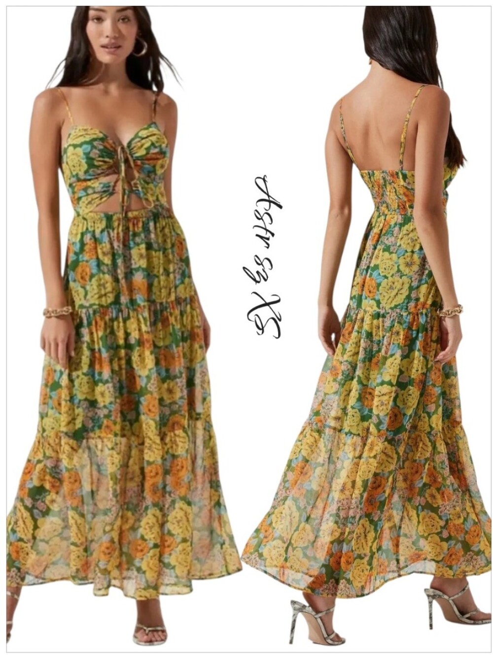 ASTR the Label Brandy Floral Cutout Tiered Maxi Dress Sz XS
